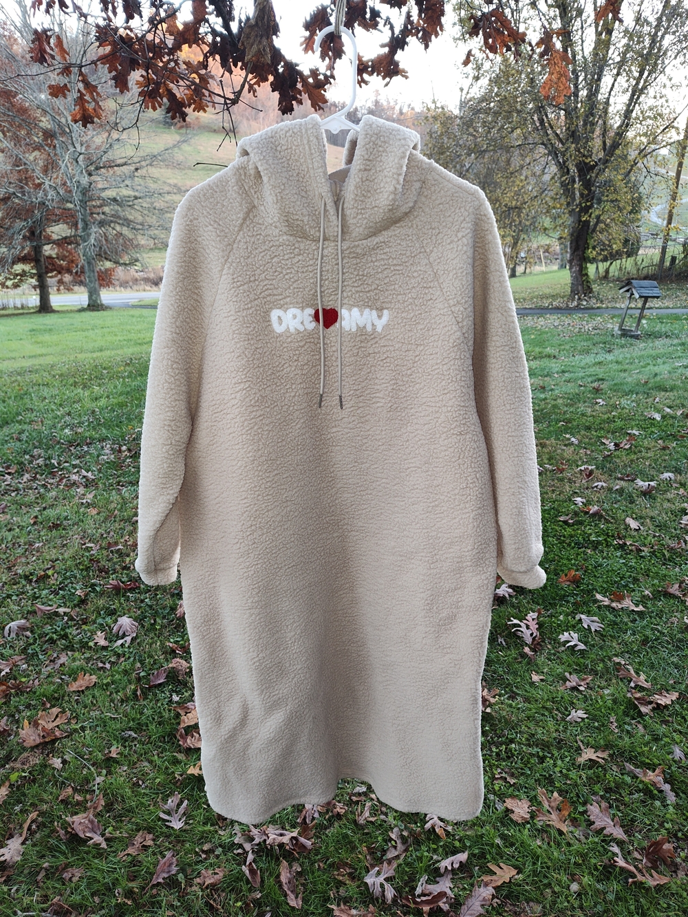 Cream Sherpa Long Sleeve Hoodie Dress with Heart Detail